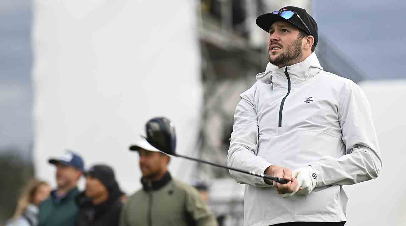 NFL quarterback Josh Allen hits his tee shot at the 18th hole during the 2024 AT&T Pebble Beach Pro-Am in Pebble Beach, Calif.